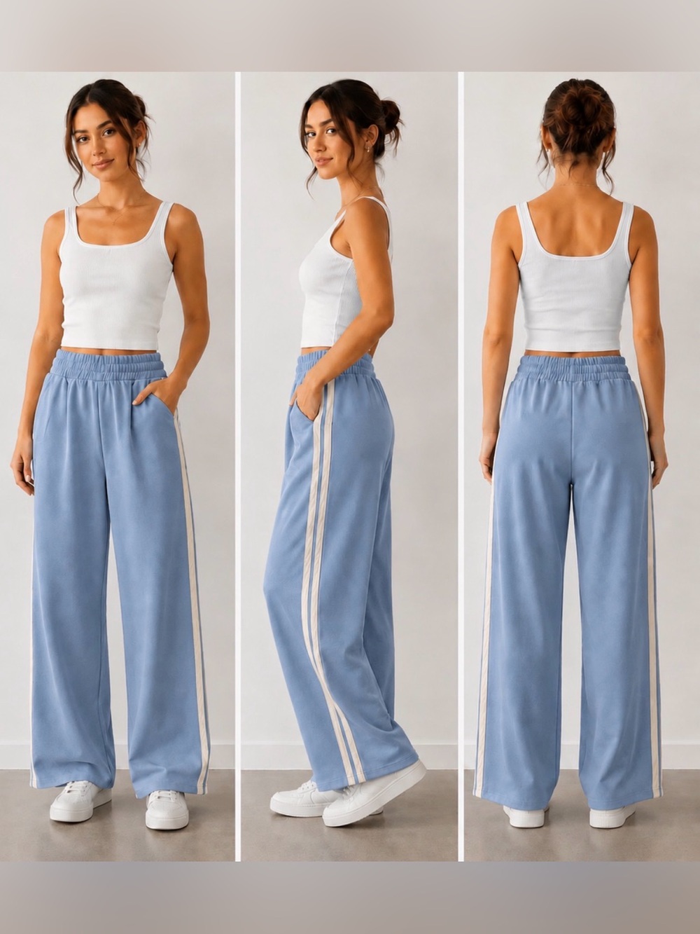 Garage Light Blue Wide-Leg Track Pants with Cream Side Stripes